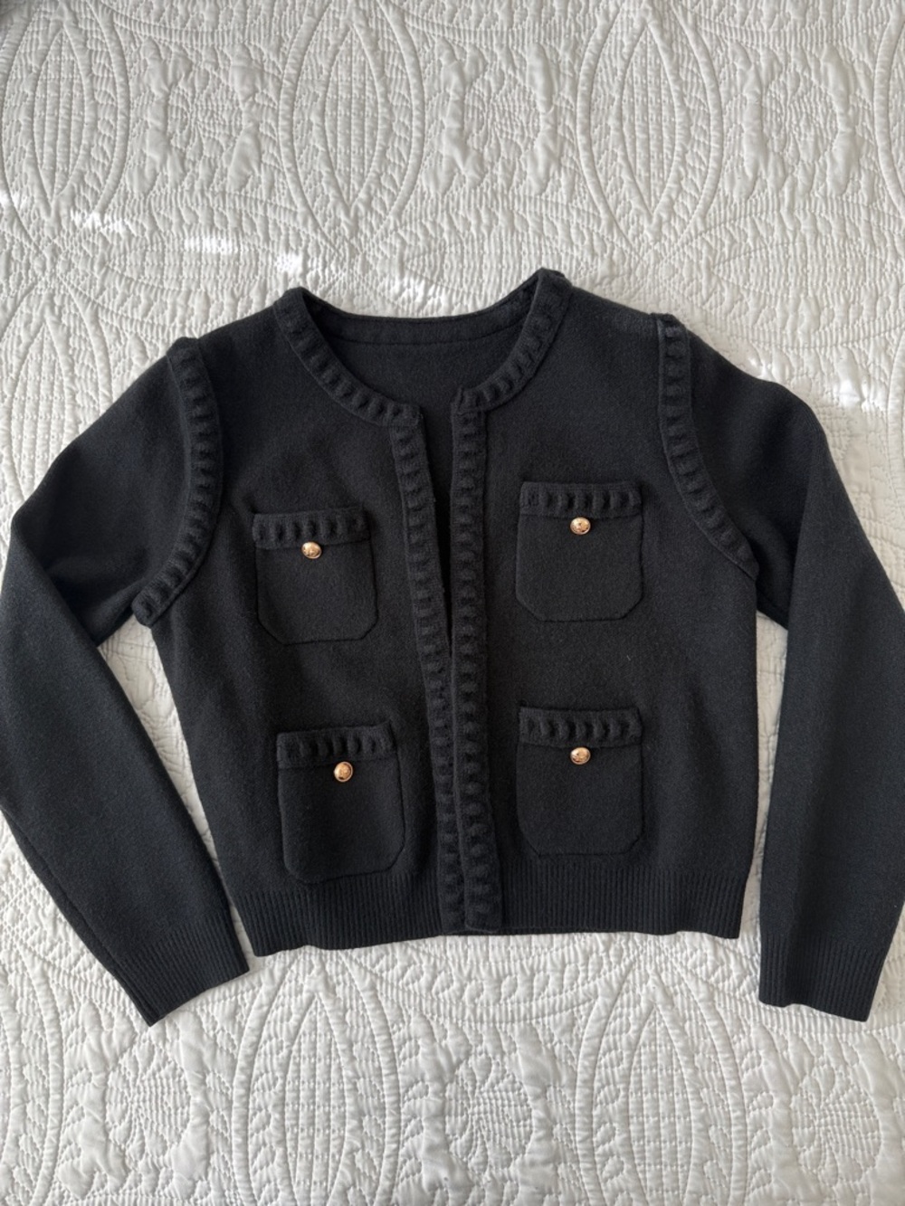 Classic Black Knit Cardigan with Gold Buttons